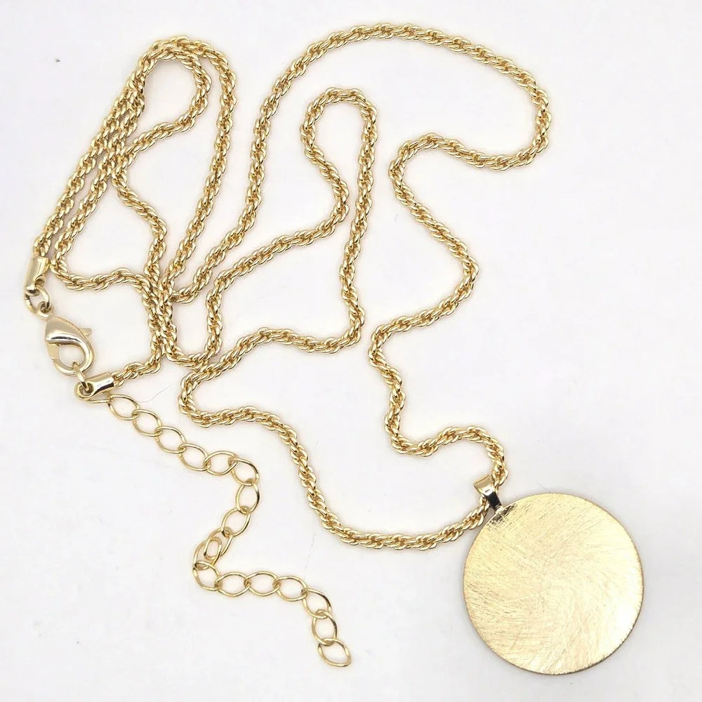 Gold Tone Pendant Necklace‎ Rope Chain Brushed Textured Disc Adjustable 24